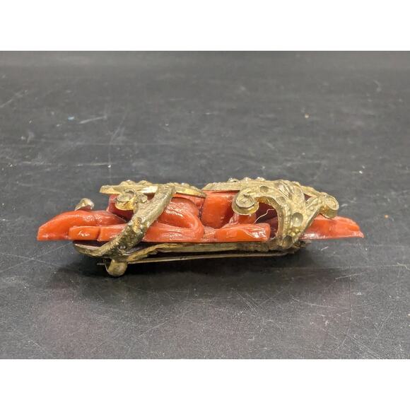 Antique Gold Tone Red Carved Celluloid Flower Brooch Pin - Picture 3 of 11